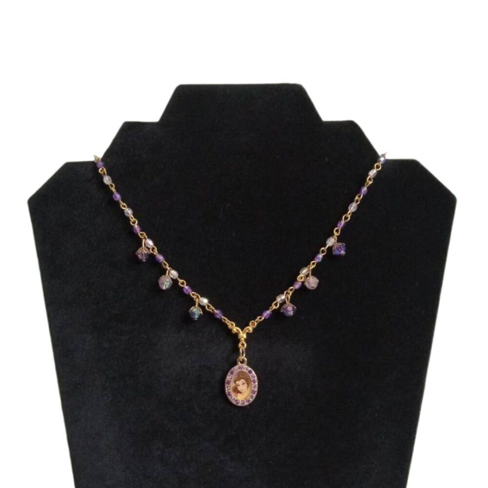Disney Iridescent Purple Beaded Gold Princess Belle Portrait Pendant Necklace